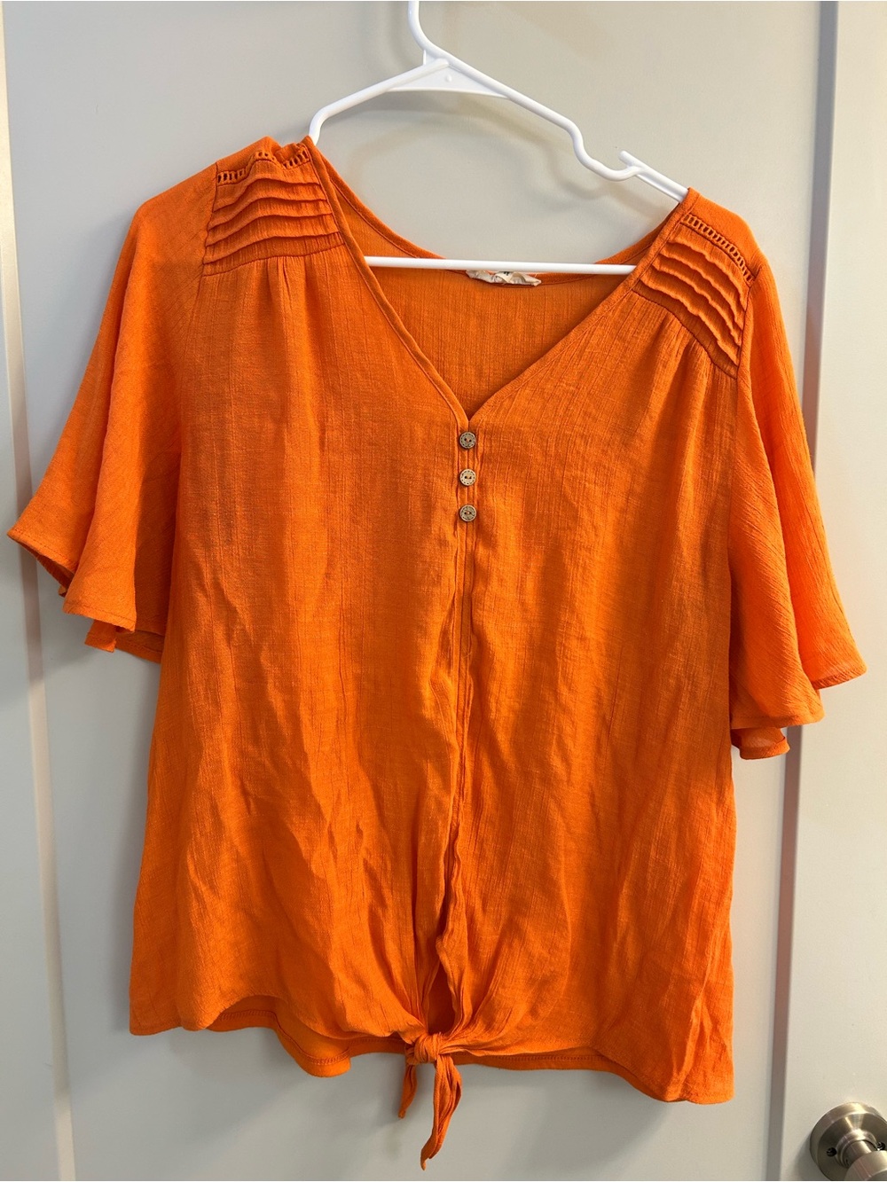 Parallel Skies V-Neck Orange Short Sleeve Button Top with Knot Hem